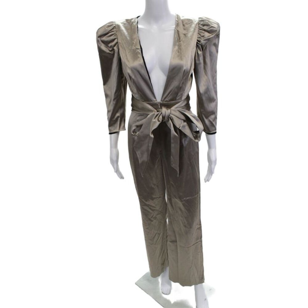 Nonchalant Label Womens Beige V-Neck 3/4 Sleeve Jumpsuit Tie Waist Size XS